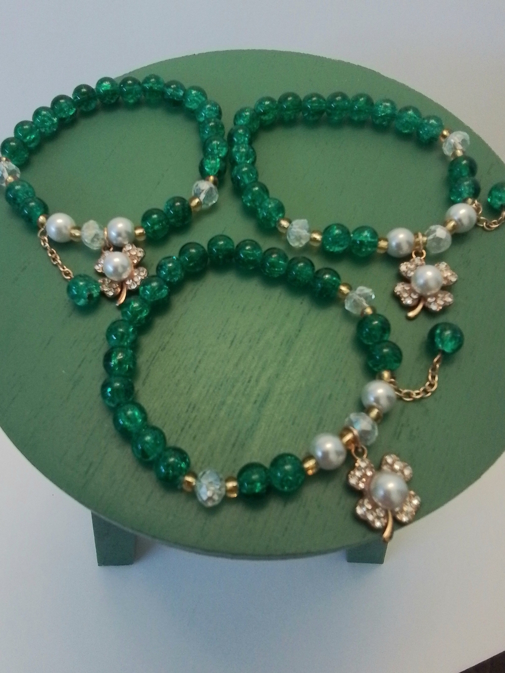 Emerald Green Beaded Pearl Clover Charm Bracelets - Set Of 3